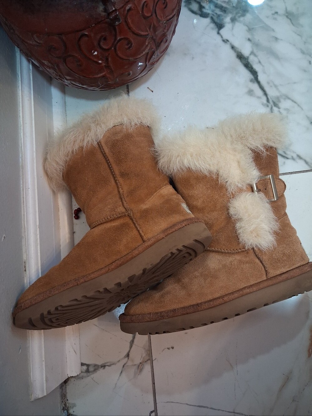 UGG Chestnut Suede Fur-Trim Short Winter Boots